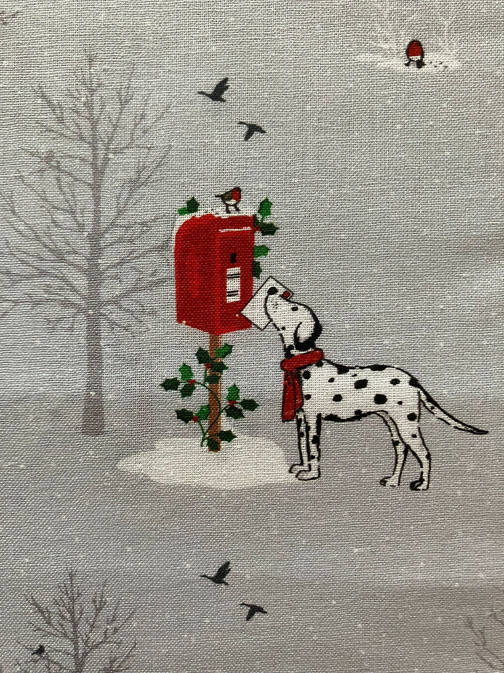 Thumbnail: Dalmatian dog fabric features dalmatians posting their Christmas letters, on a grey background. Close up view.