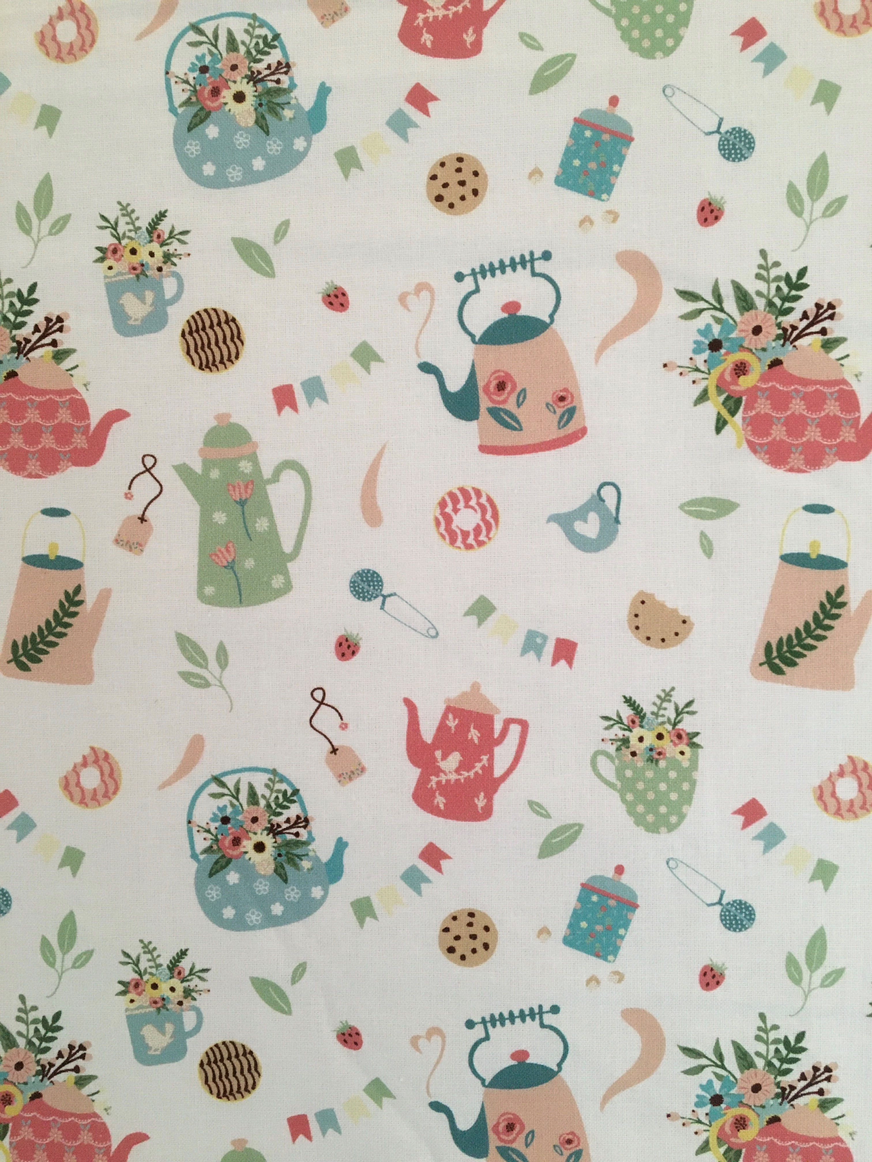 Tea party fabric - white is a lovely fabric featuring tea pots and coffee pots, cookies, etc on a white background
