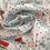 Thumbnail: Peter Rabbit Christmas fabric. Peter posting letter to Santa and more, on a blue background. Fabric shown in swirled effect