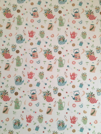 Thumbnail: Tea party fabric - white, featuring tea pots & coffee pots, cookies, etc on a white background - far away view