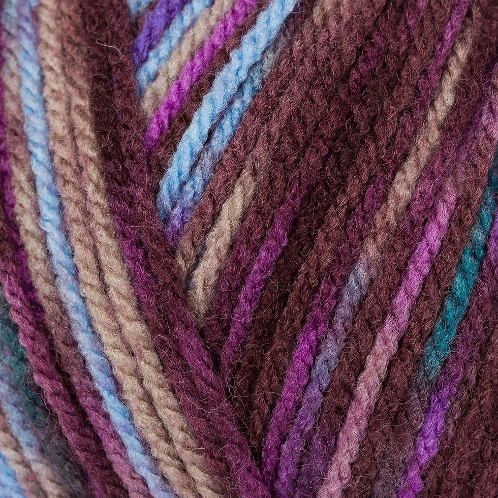 Patons Fab DK Wool in Violet Print colour - 2074. Close up of wool - shades of purple, blue and beige. 100g balls.