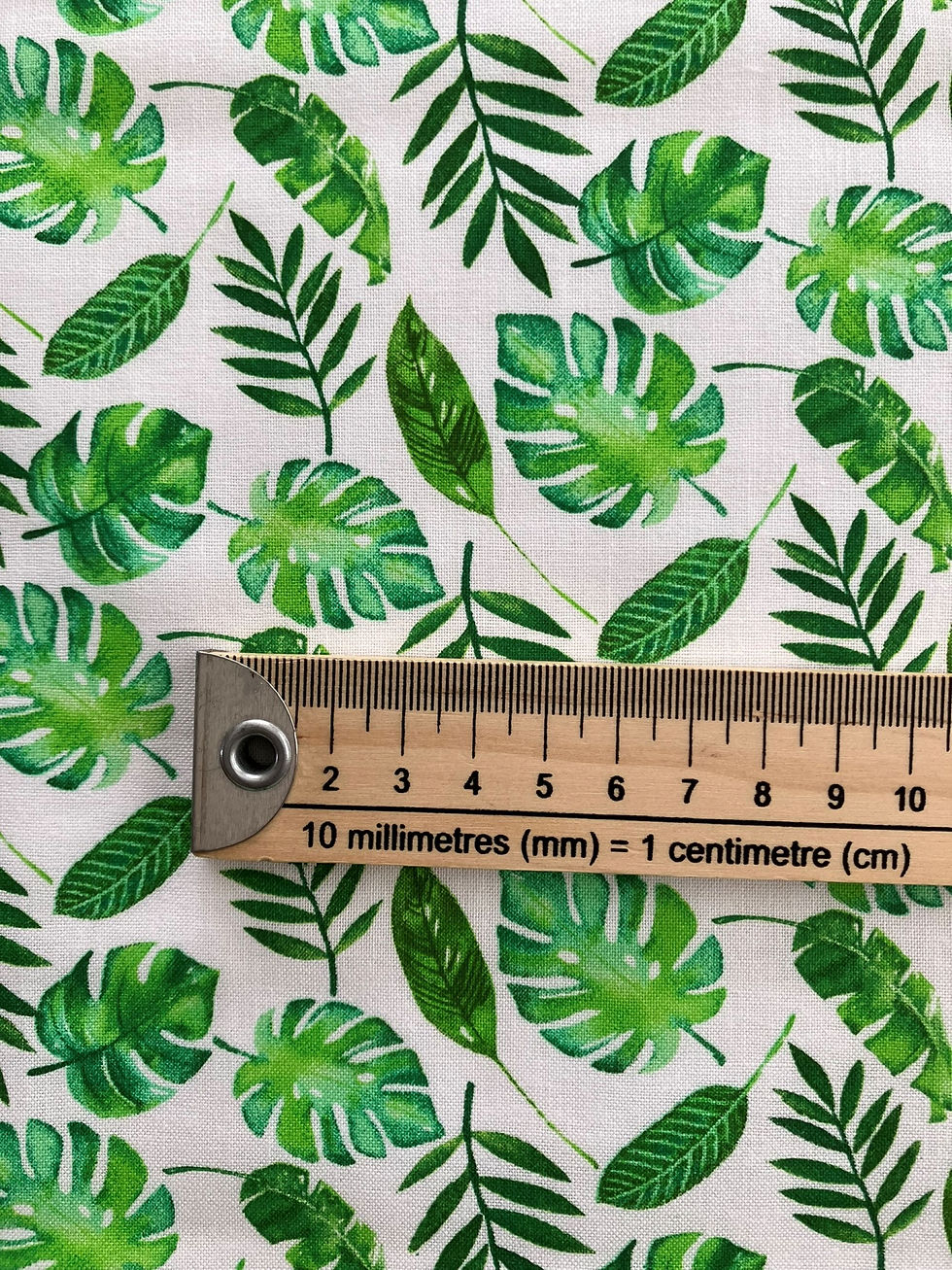 Thumbnail: Leaf fabric, various green leaves on a white background. Ruler shown to give idea of print size.