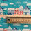 Thumbnail: Beach house fabric featuring various coloured beachfront houses, etc on turquoise background. Ruler shown for print size