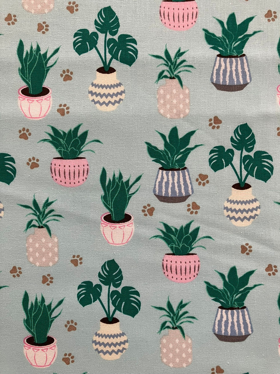 Thumbnail: Plant fabric, various plants in coloured pots, surrounded by paw prints on a blue background. Close up view
