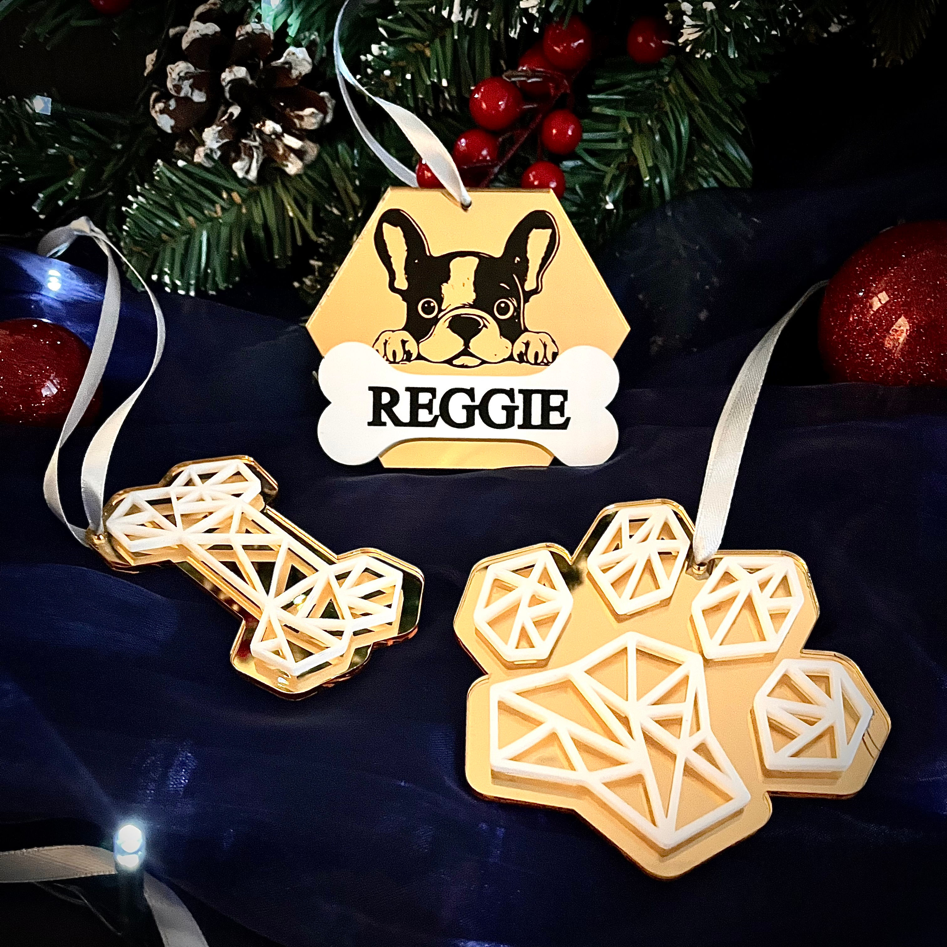 Gold Personalised Geometric Dog Baubles - Set of 3