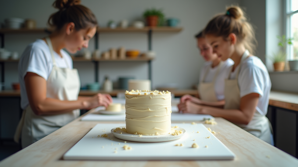 Vue en plongée d’un atelier de cake design avec des participants concentrés