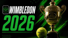 O nome do torneio Wimbledon, uma bola de tênis e um troféu