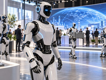 Ilustração de robôs humanoides modernos em um ambiente tecnológico futurista, com um robô em primeiro plano e outros realizando atividades de demonstração e movimentação de materiais, diante de telas digitais e visitantes.