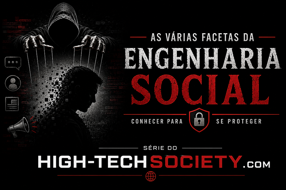 Ilustração da série “As várias facetas da Engenharia Social”, com figura encapuzada manipulando por fios a imagem fragmentada de uma pessoa, simbolizando influência e manipulação da percepção, em composição escura com elementos digitais e de segurança.