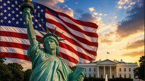 Símbolos dos Estados Unidos: a bandeira norte-americana, a estátua da liberdade e a Casa Branca