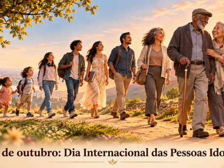 Ilustração em tons quentes mostrando pessoas de diferentes idades caminhando por uma trilha em meio à natureza, do bebê à velhice. Em primeiro plano, um casal de idosos aparece em destaque, sorrindo e caminhando lado a lado, simbolizando a longevidade e a importância de valorizar todas as etapas da vida. Na parte inferior, aparece a frase: “1° de outubro: Dia Internacional das Pessoas Idosas”.