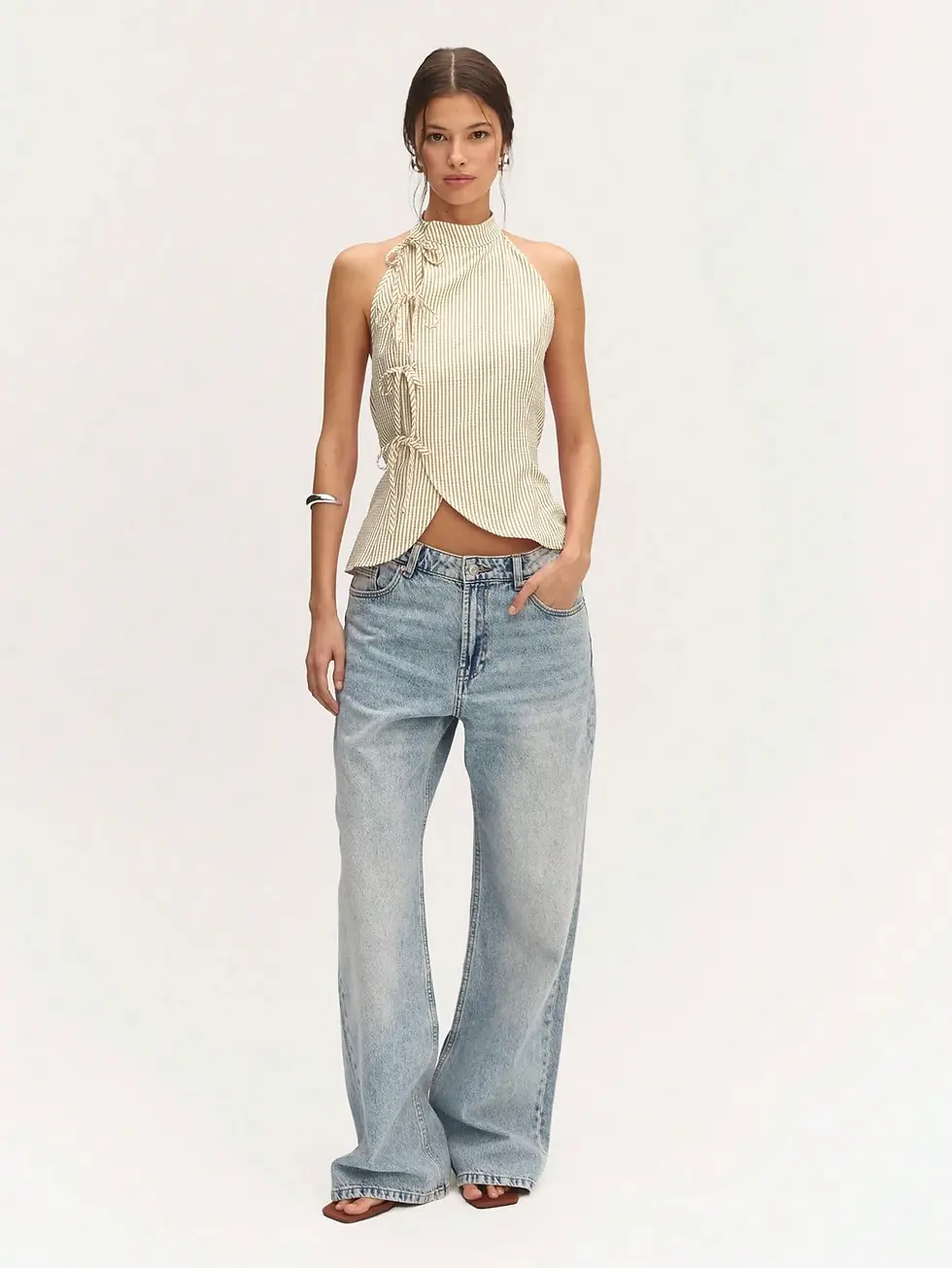 Thumbnail: Kutesy Kulture Linen Stripes Sleeveless Bow Top