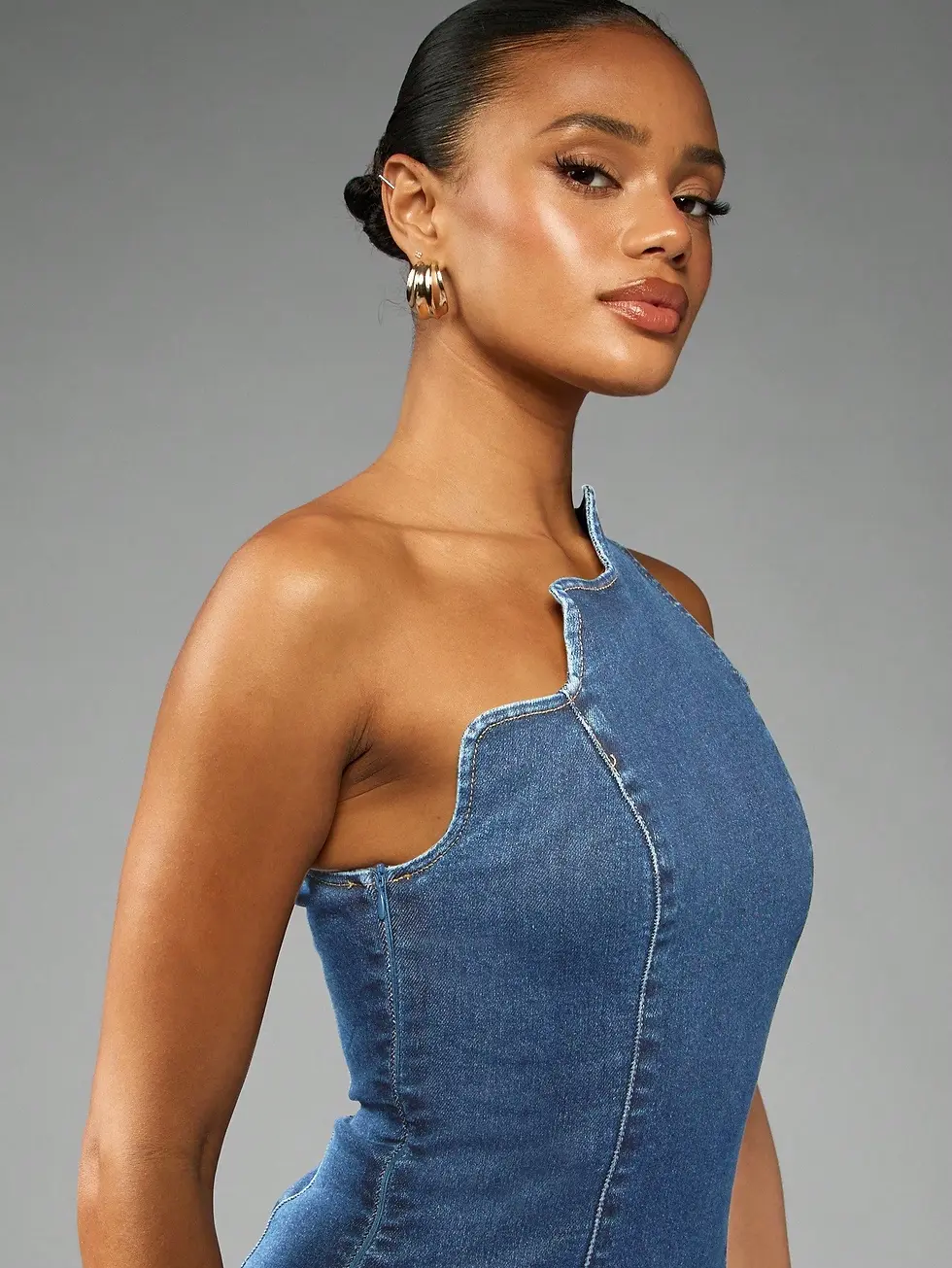 Thumbnail: Kutesy Kulture Waved Hem Form Fitting Denim Dress 