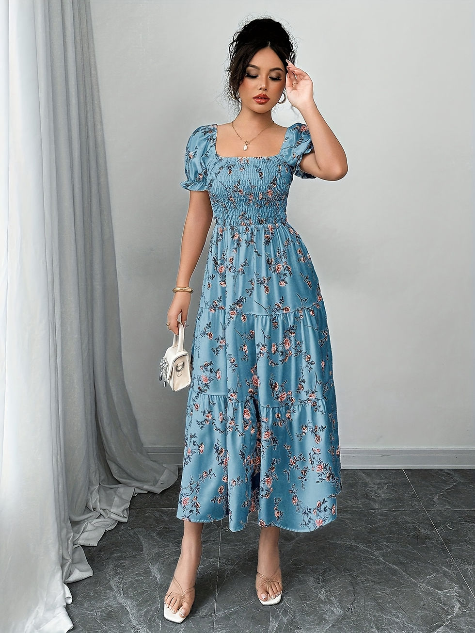 Thumbnail: Women's Floral Print Square Neck Puff Sleeve Elegant A-line Maxi Dress, Perfect