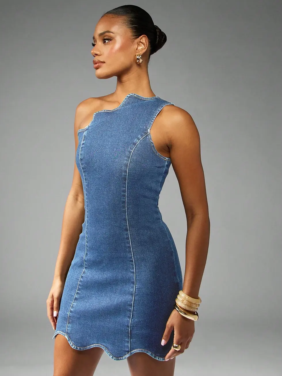 Thumbnail: Kutesy Kulture Waved Hem Form Fitting Denim Dress 