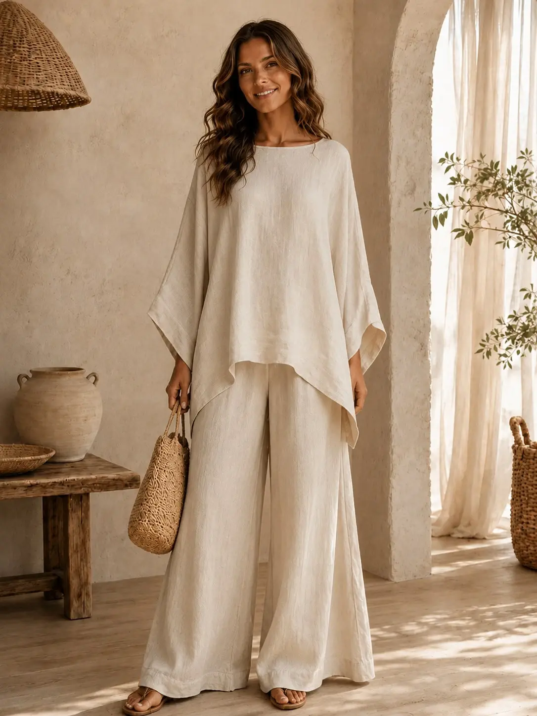 The Social Woman Elena Woven Fabric Oversized Top And Wide Leg Pants Set