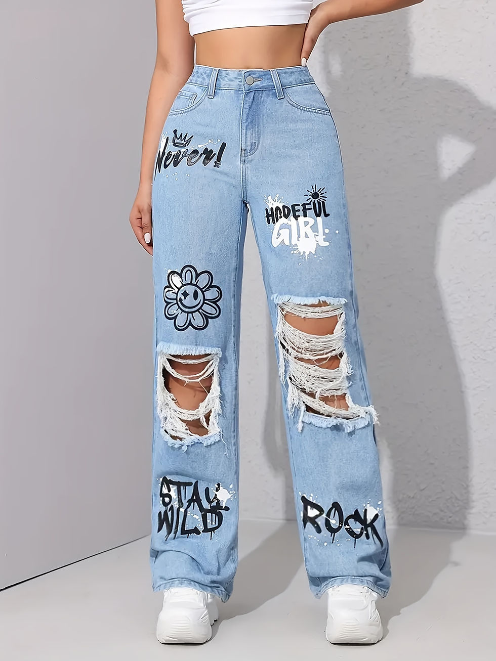 Thumbnail: Bizarre Bottoms Graffiti Print & Ripped Jeans