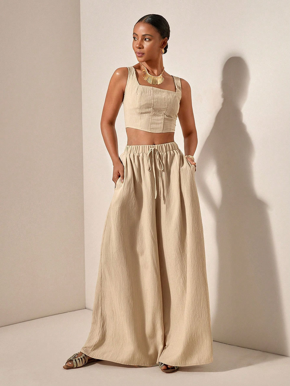 Thumbnail: Kutesy Kulture Spring Fling Fishbone Strap Top & Wide Leg Pants Set