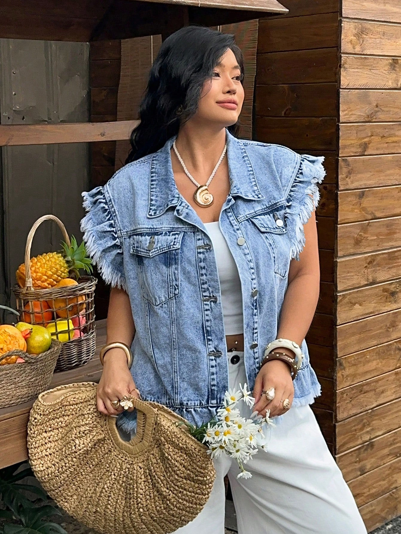 Perfectly Plus Frayed Sleeve Denim Jacket