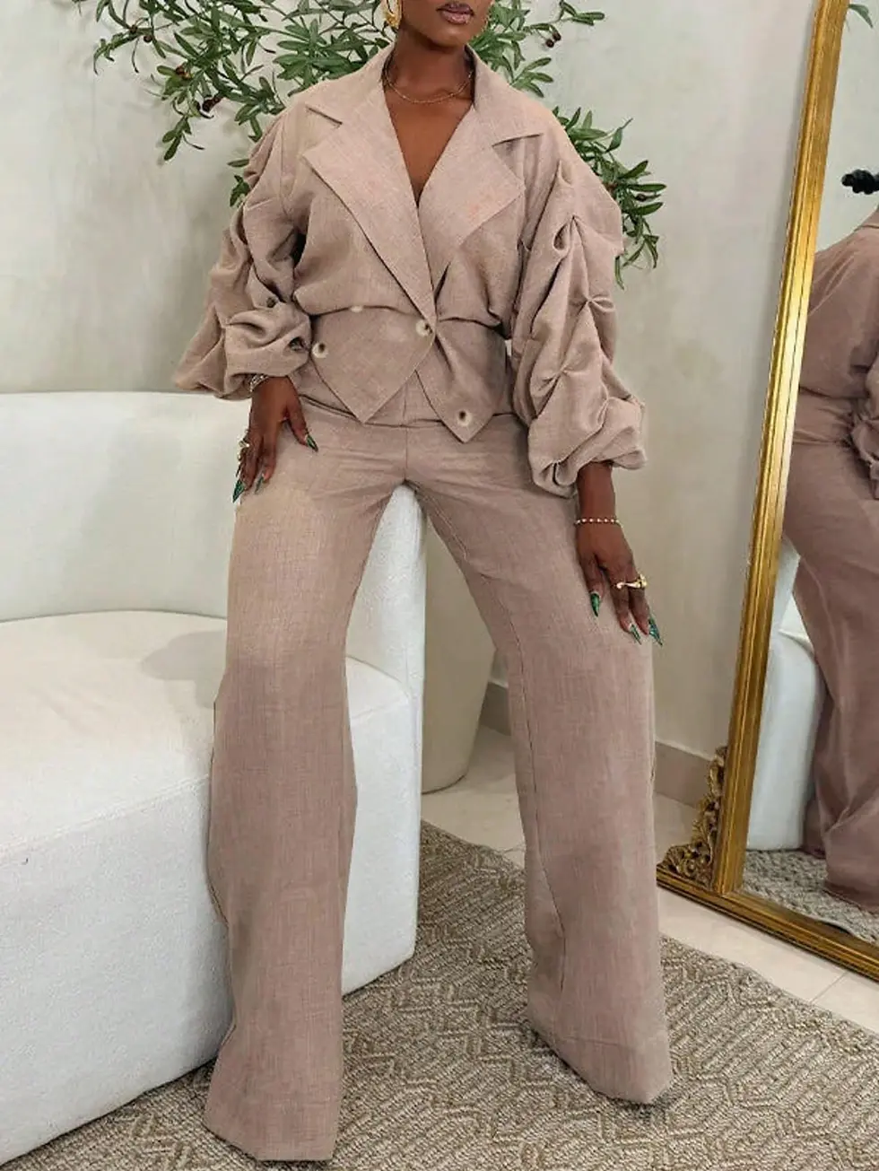Thumbnail: Kutesy Kulture Alaio Suit Set With Pleated Sleeve Design