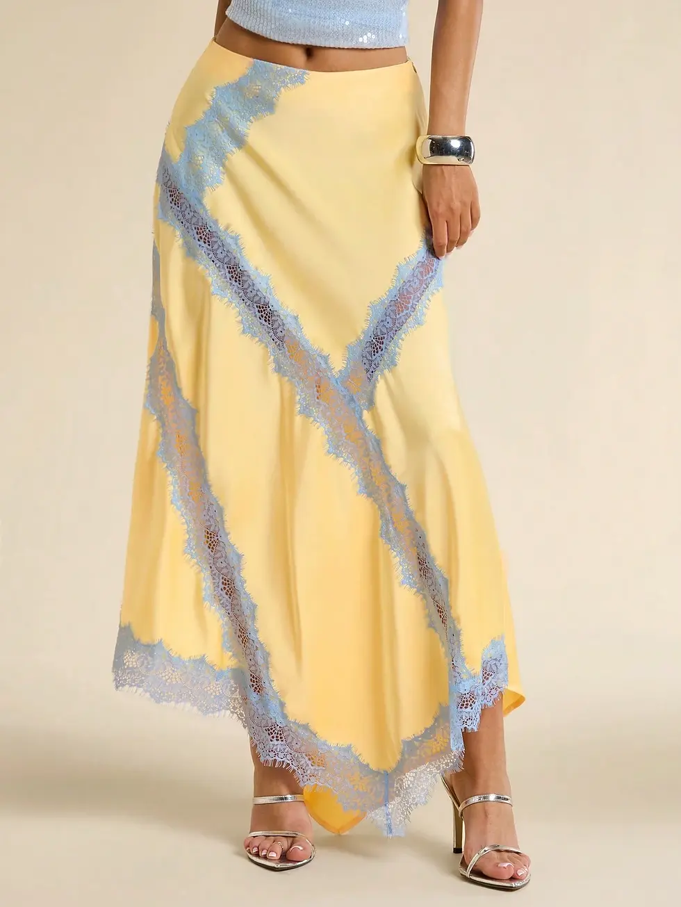 Thumbnail: Kutesy Kulture Yellow Satin Skirt With Blue Lace Trim