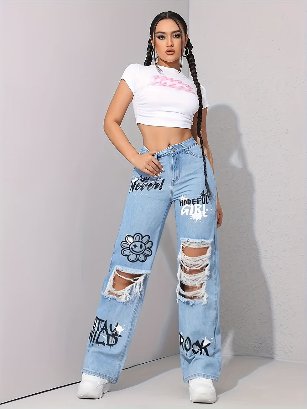 Thumbnail: Bizarre Bottoms Graffiti Print & Ripped Jeans