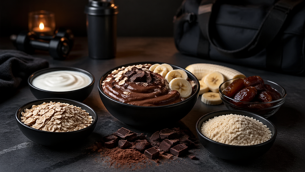 Selezione di dolci fit con yogurt, avena, banana, datteri e cioccolato fondente in un set premium dark in stile Perseverance.