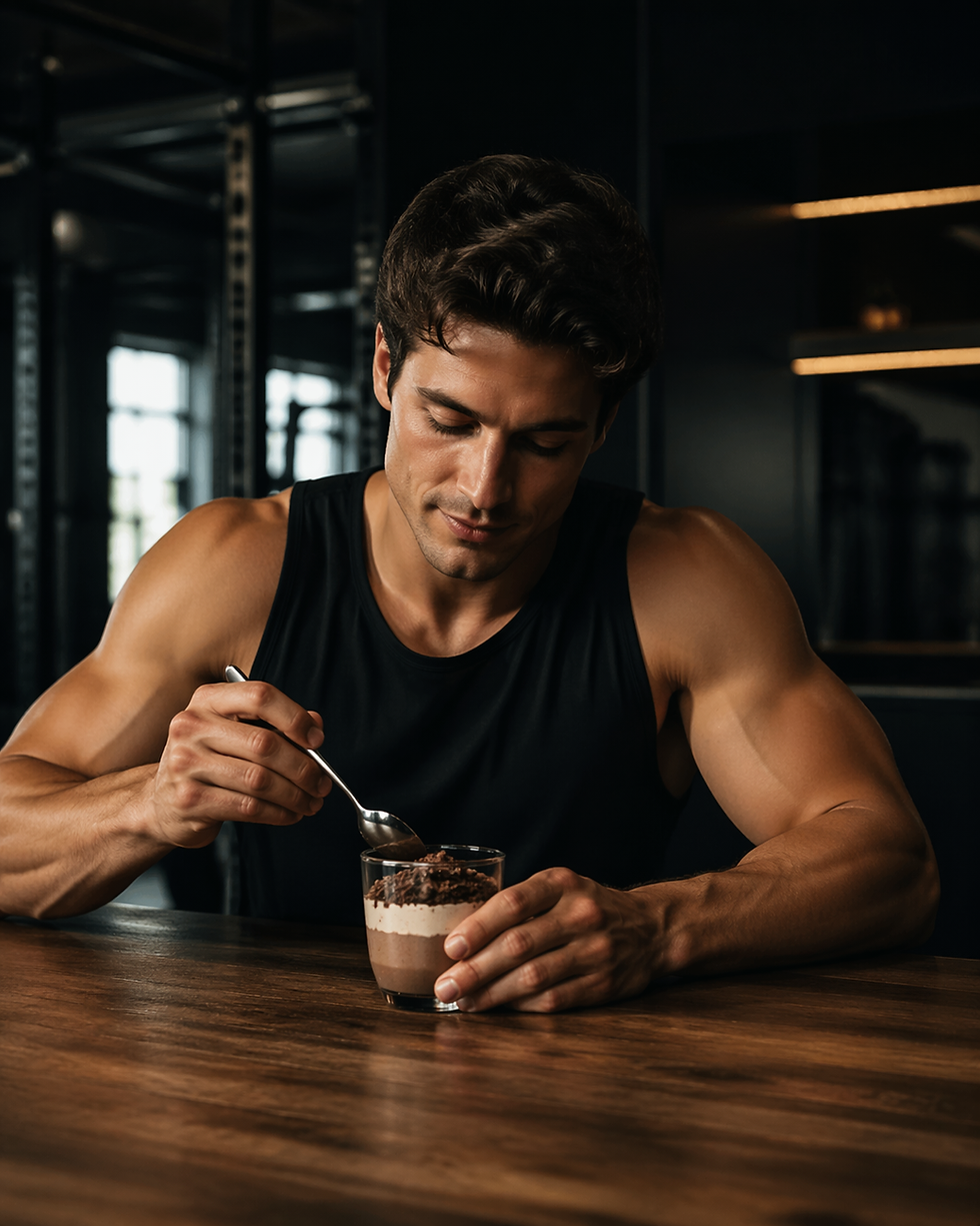 Atleta in ambiente functional che gusta un piccolo dolce fit dopo l’allenamento in modo equilibrato e consapevole.