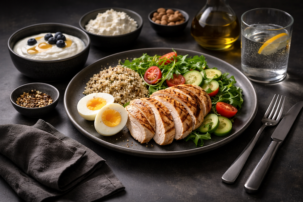 Pasto ricco di proteine disposto su tavolo scuro, immagine concettuale sull’effetto termico del cibo e sulla sazietà.
