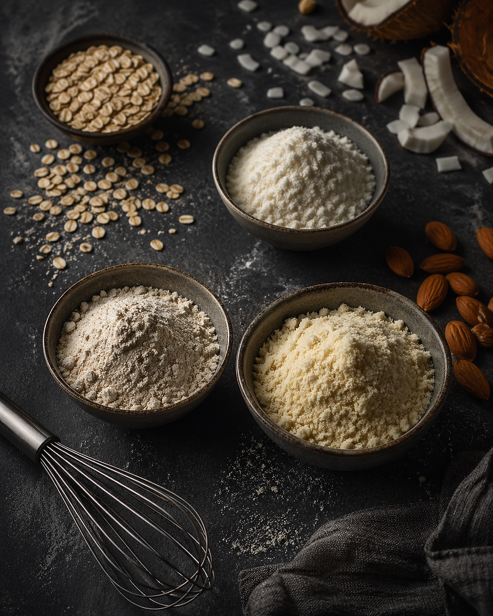 Farina d’avena, farina di mandorle e farina di cocco con ingredienti naturali su superficie antracite.