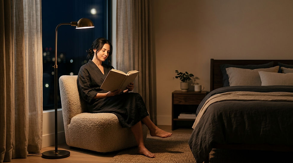 Luce naturale e atmosfera calma in una scena che richiama sonno profondo e ritmo circadiano.