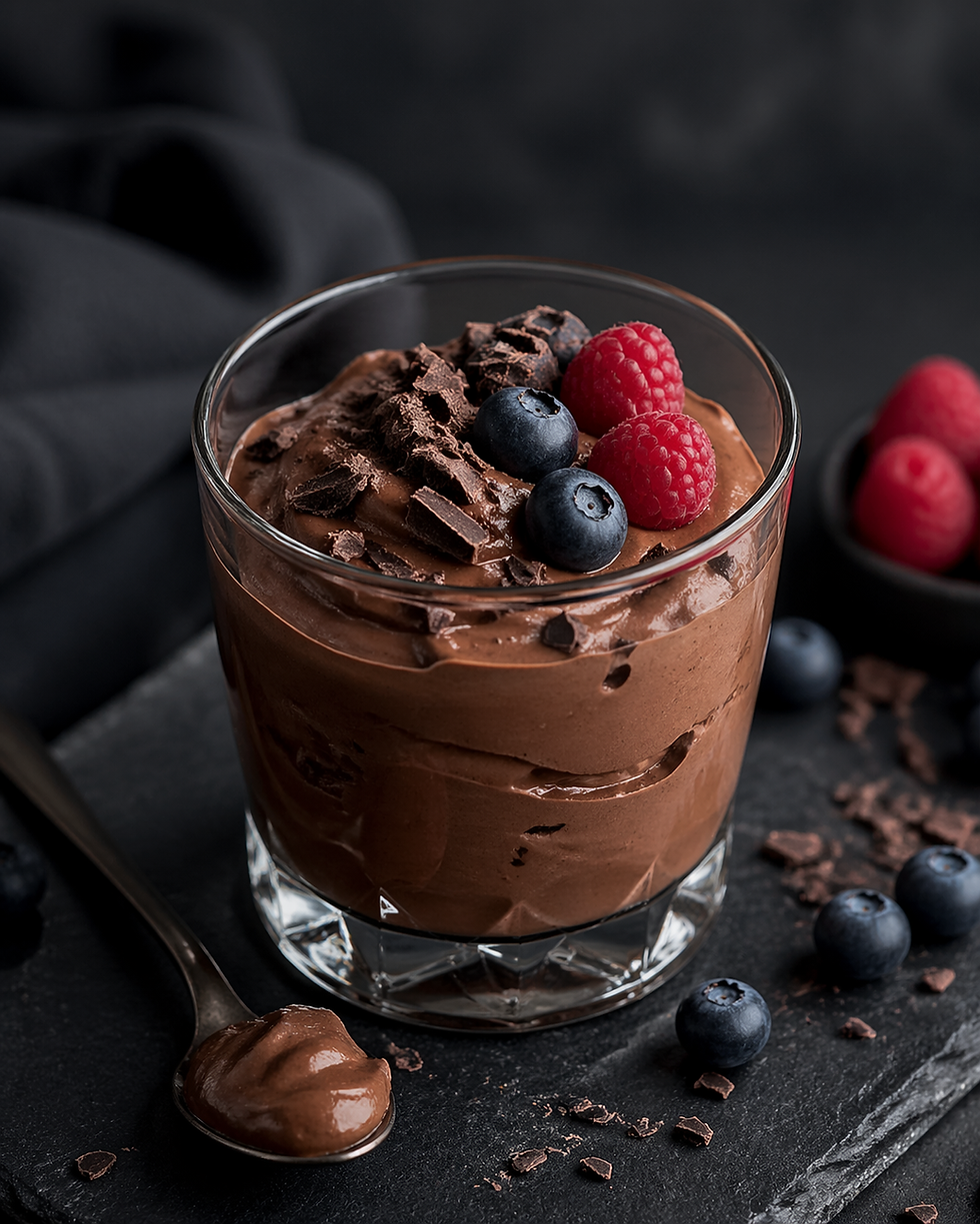Mousse proteica al cioccolato con yogurt greco e scaglie di fondente servita in coppetta elegante.