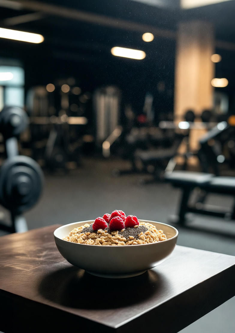 Avena con frutta per digestione sana in ambiente fitness.
