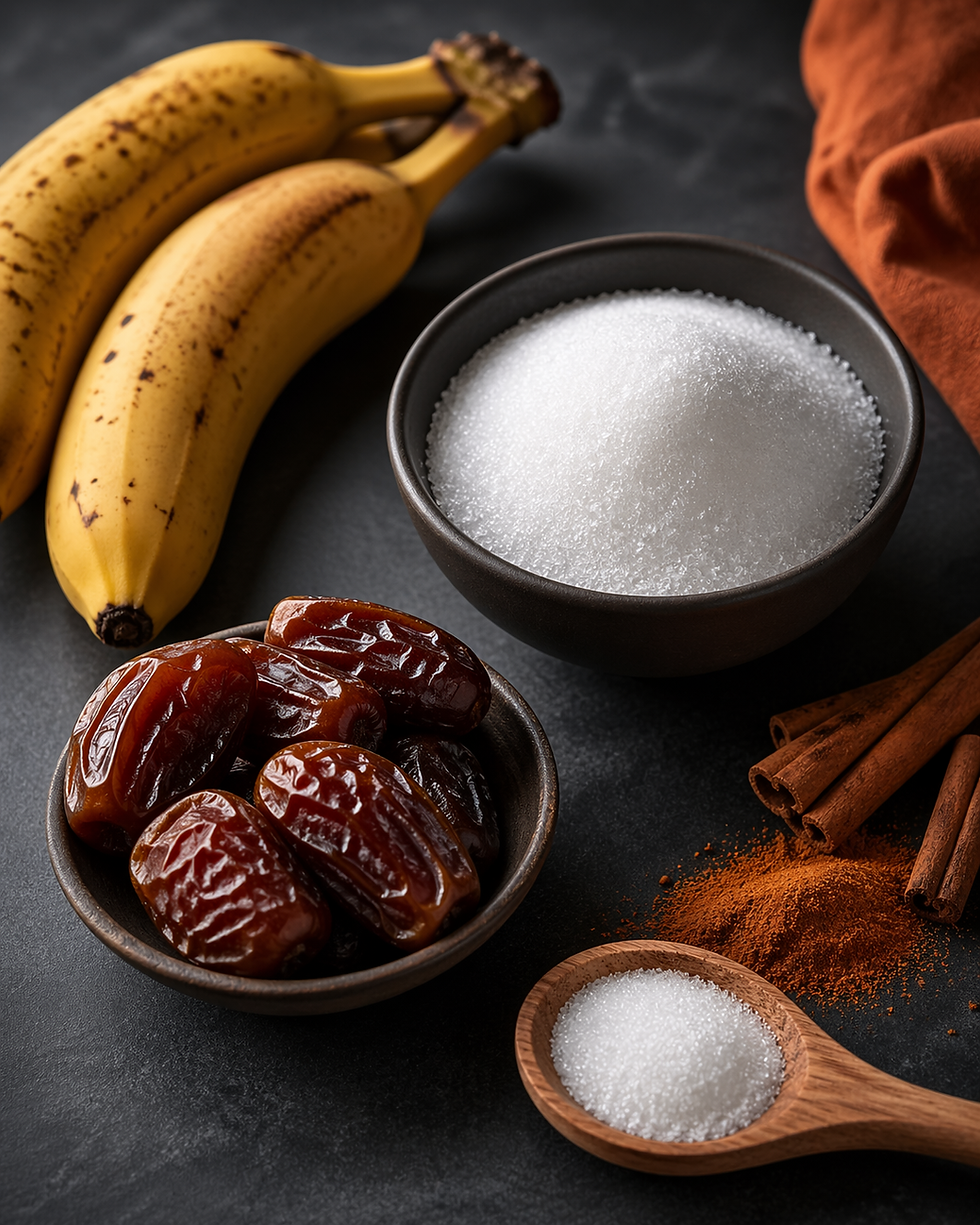 Banane mature, datteri ed eritritolo disposti su un piano scuro per rappresentare alternative intelligenti allo zucchero.