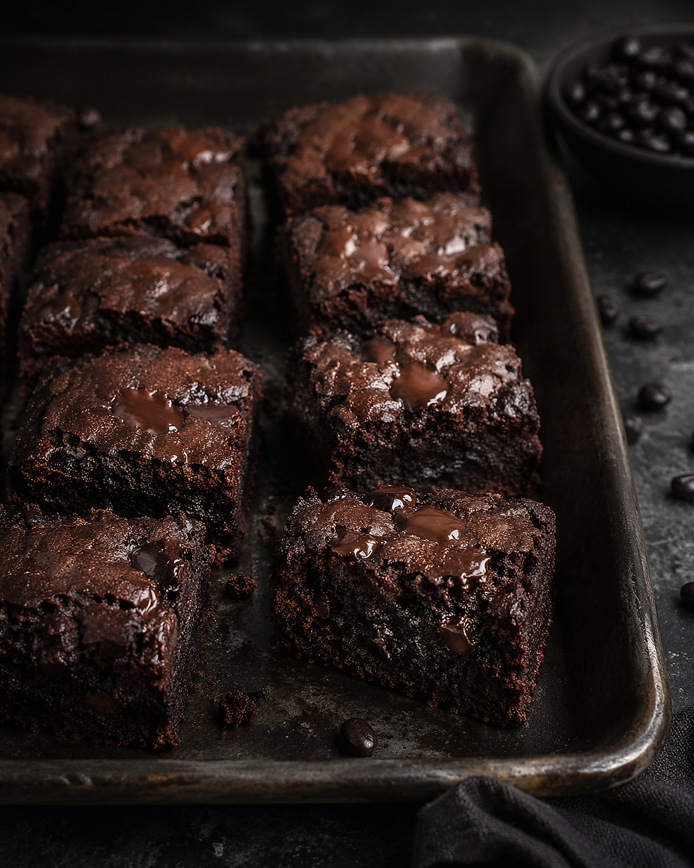 Brownie fit ai fagioli neri tagliato a quadrotti con interno morbido e pezzi di cioccolato fondente.