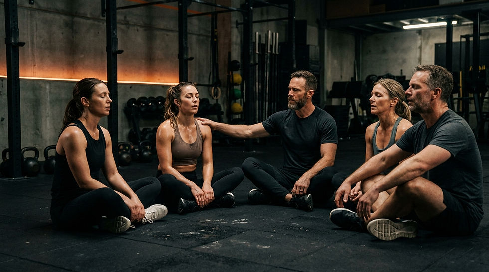 Piccolo gruppo che si allena insieme in un ambiente functional per rappresentare community e longevità.