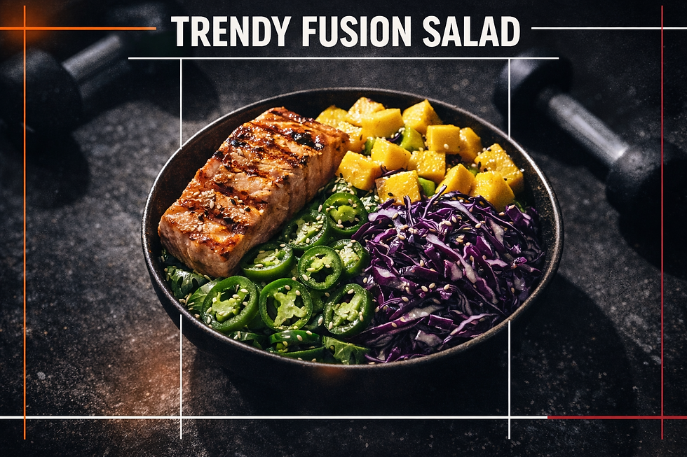 Insalata fusion fitness con salmone grigliato, mango fresco, cavolo viola e jalapeño, su sfondo palestra scuro cinematico ad alto contrasto, stile editoriale premium con accenti arancio e bordeaux.