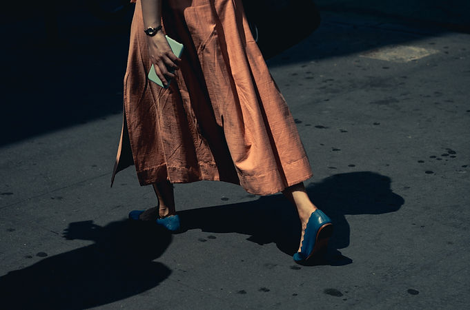 Woman Walking with Blue Shoes