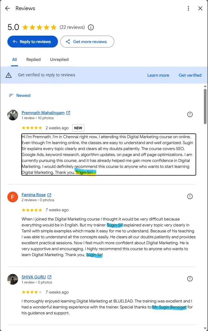 Screenshot of St. Joseph's Digital Google Business Profile reviews section, with instances where the trainer's name - Sugin is mentioned highlighted.