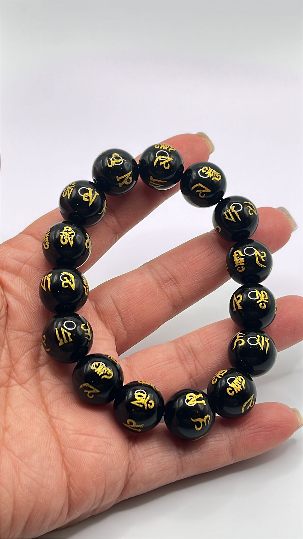 Thumbnail: Obsidian Bracelet Six Syllable Blessing Chant 14 mm beads (7 in)