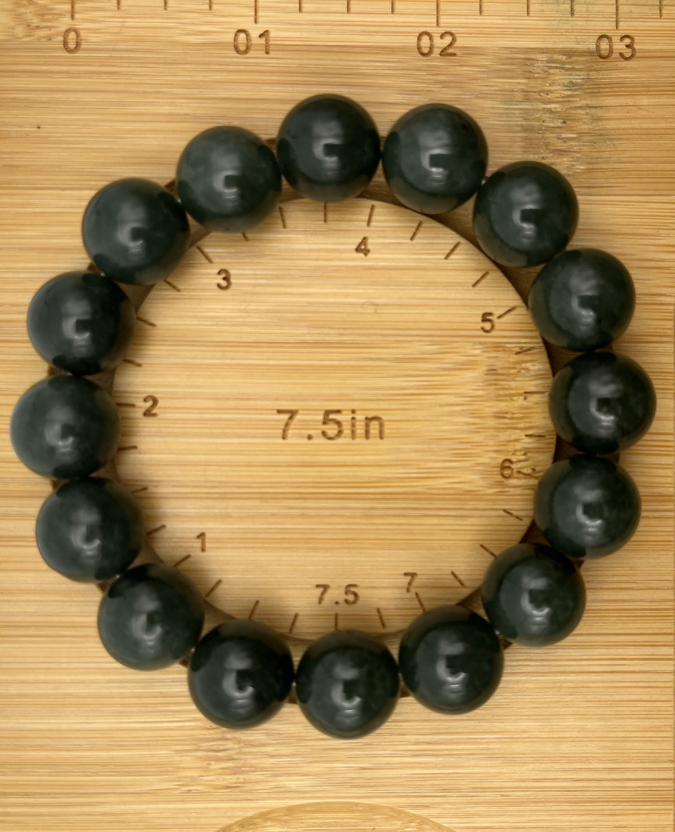 Thumbnail: Jade Bracelet Deep Dark Green 13.6mm beads size  (7.5 in)