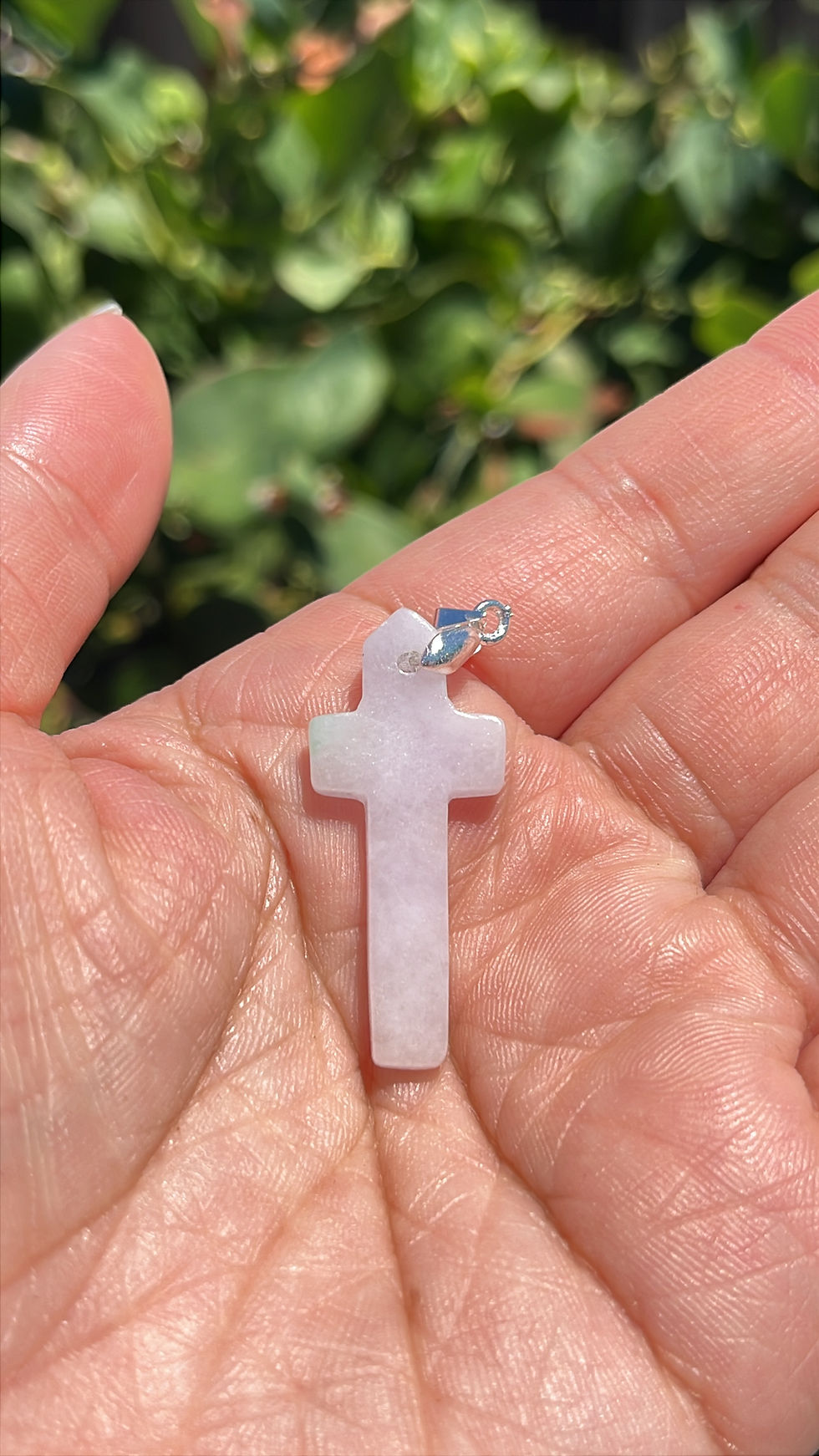 Thumbnail: Burma Jadeite Cross Lavender with a Green Freckle Pendant