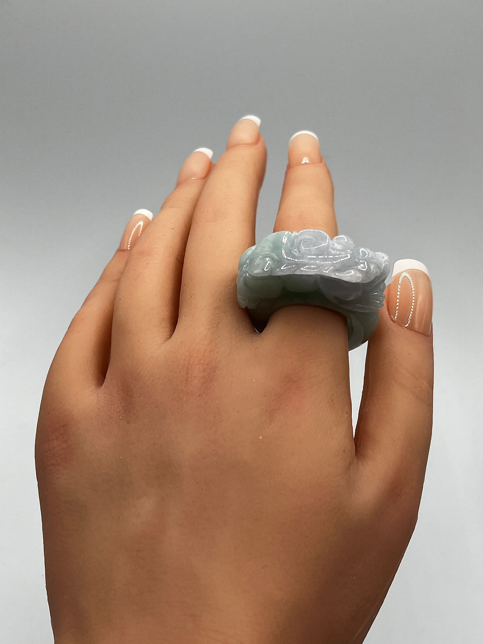 Thumbnail: Jade Green Lavender Pixiu Carving Ring Size 9.5 US