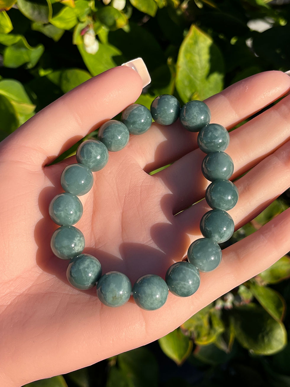 Thumbnail: Jade Bracelet Oily Green 12mm beads size  (7 in)