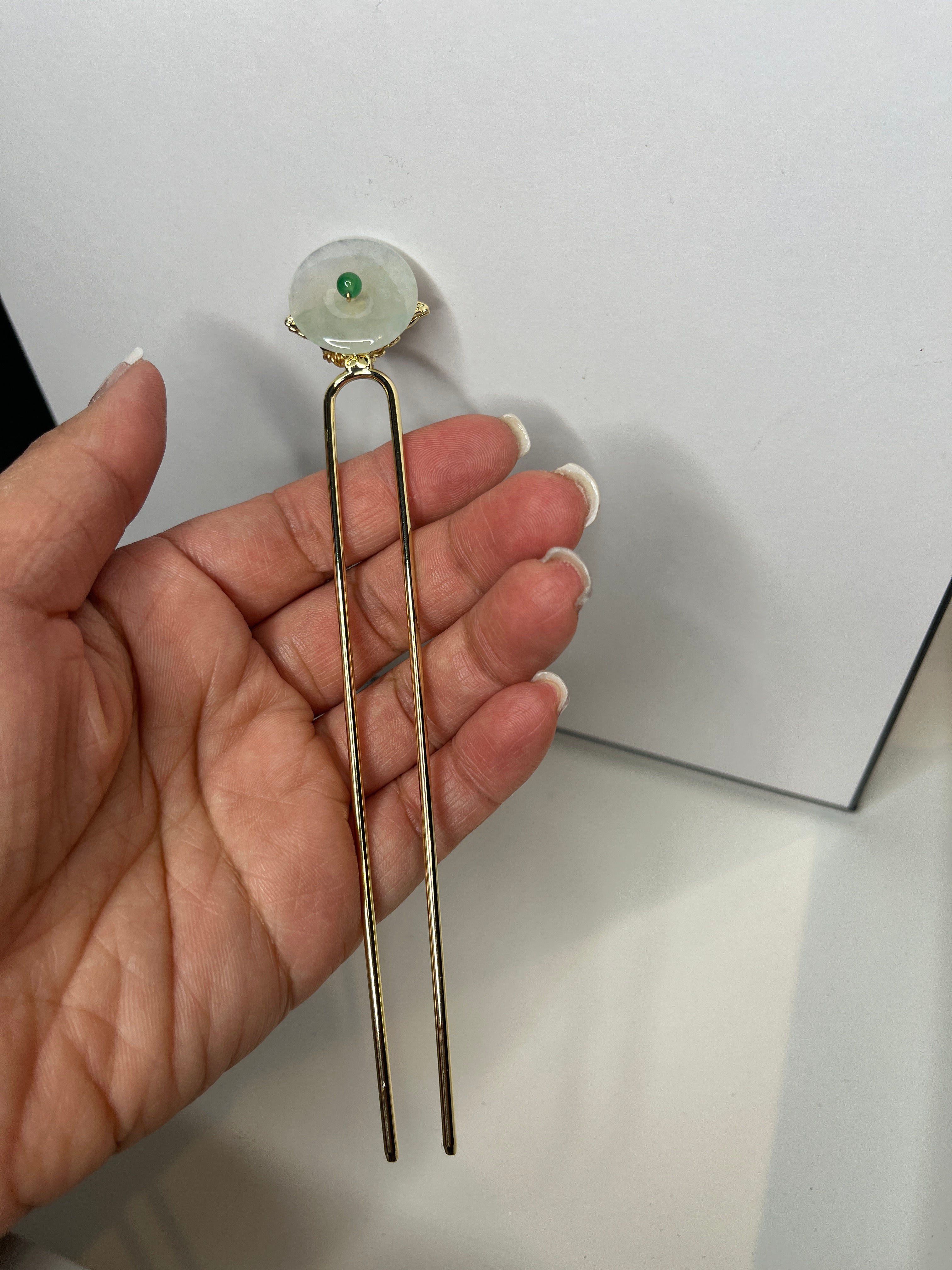 Hairpin Real Jade Donut Gold Double Pin