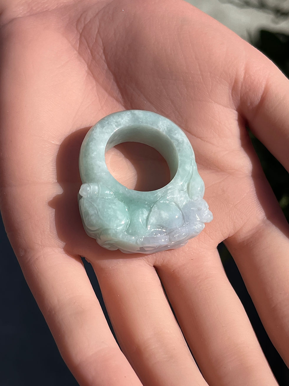 Thumbnail: Jade Green Lavender Pixiu Carving Ring Size 9.5 US