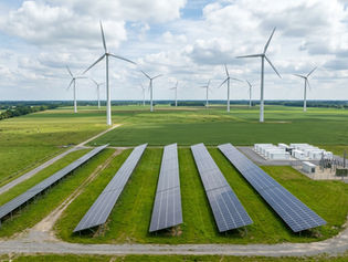 renewable energy farm with solar panels, BESS and wind turbines
