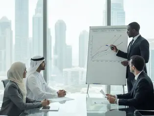 Four business people in a credit comitee meeting, one presenting a graph of renewable energy investment