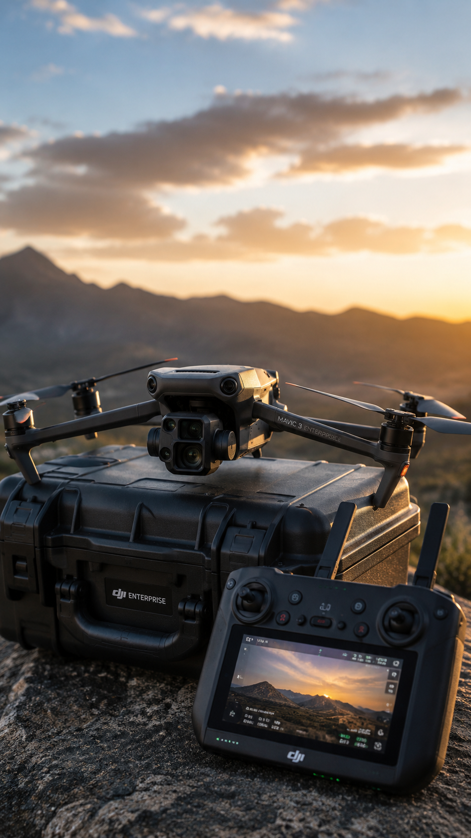 DJI Mavic 3 Enterprise drone and controller at sunset used for aerial cinematography by Arun Siddharth