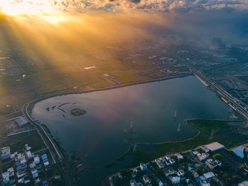 Aerial view of lakes around Chennai captured for an environmental conservation project, showcasing freshwater ecosystems and sustainable landscapes.
